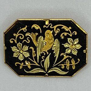 DAMASCENE Vintage Gold and Black Bird and Flowers Brooch / Pin